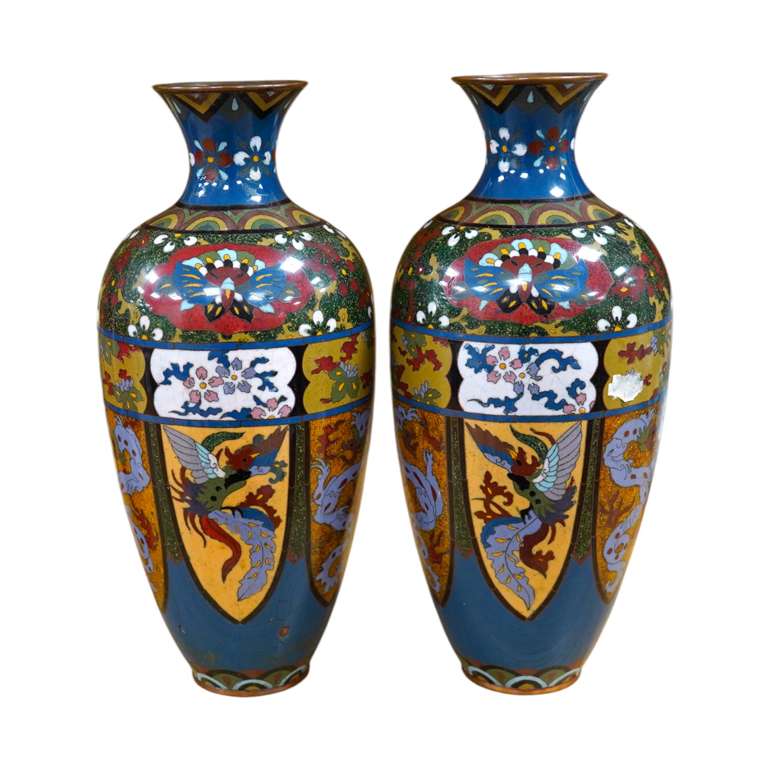 A pair of Japanese cloisonné enamel vases, early 20th century, 30cm high. Condition - one fair to good, one with impact damage